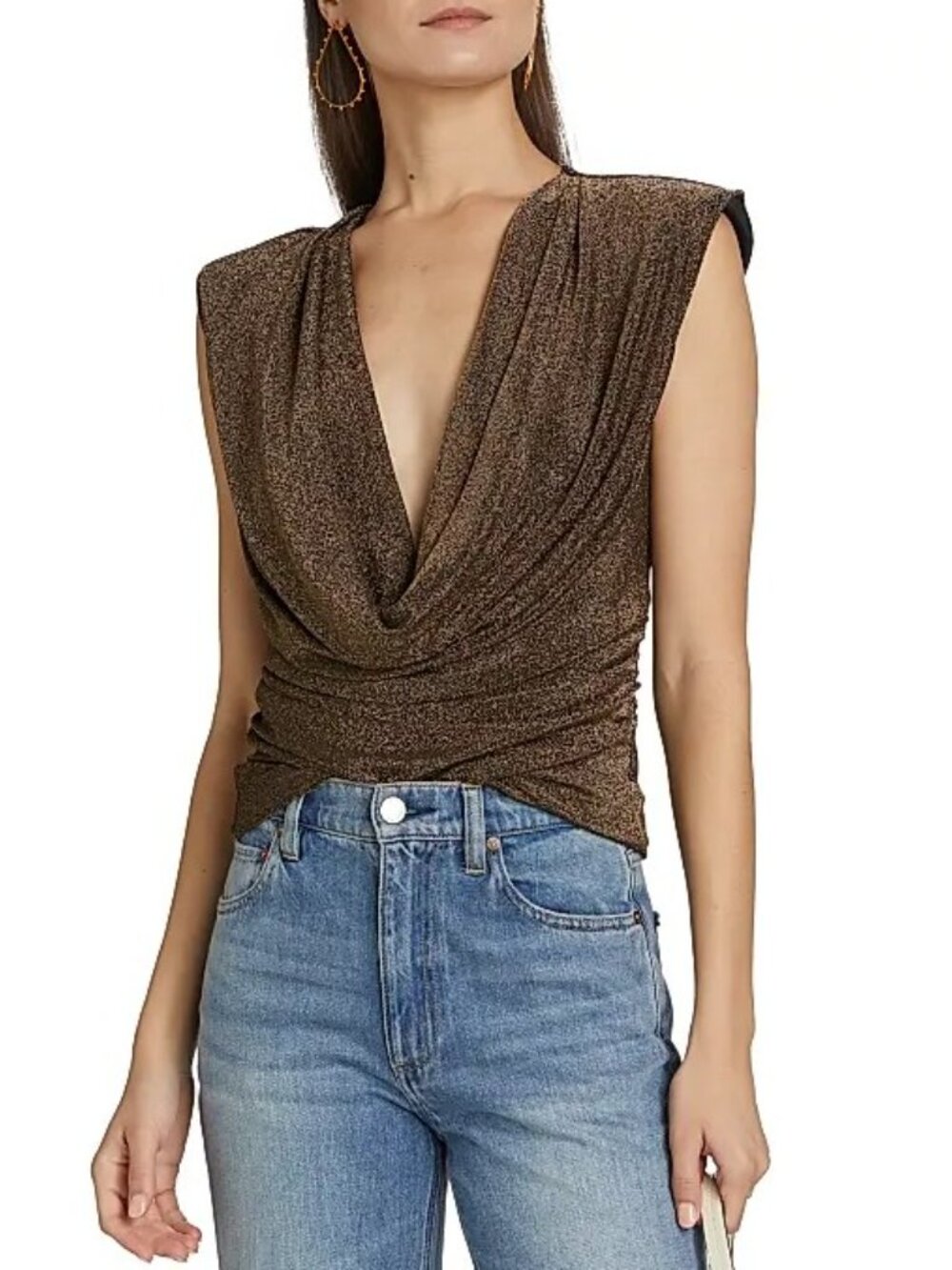 Ramy Brook Consuela Draped Metallic Cowl Neck Top Sz M